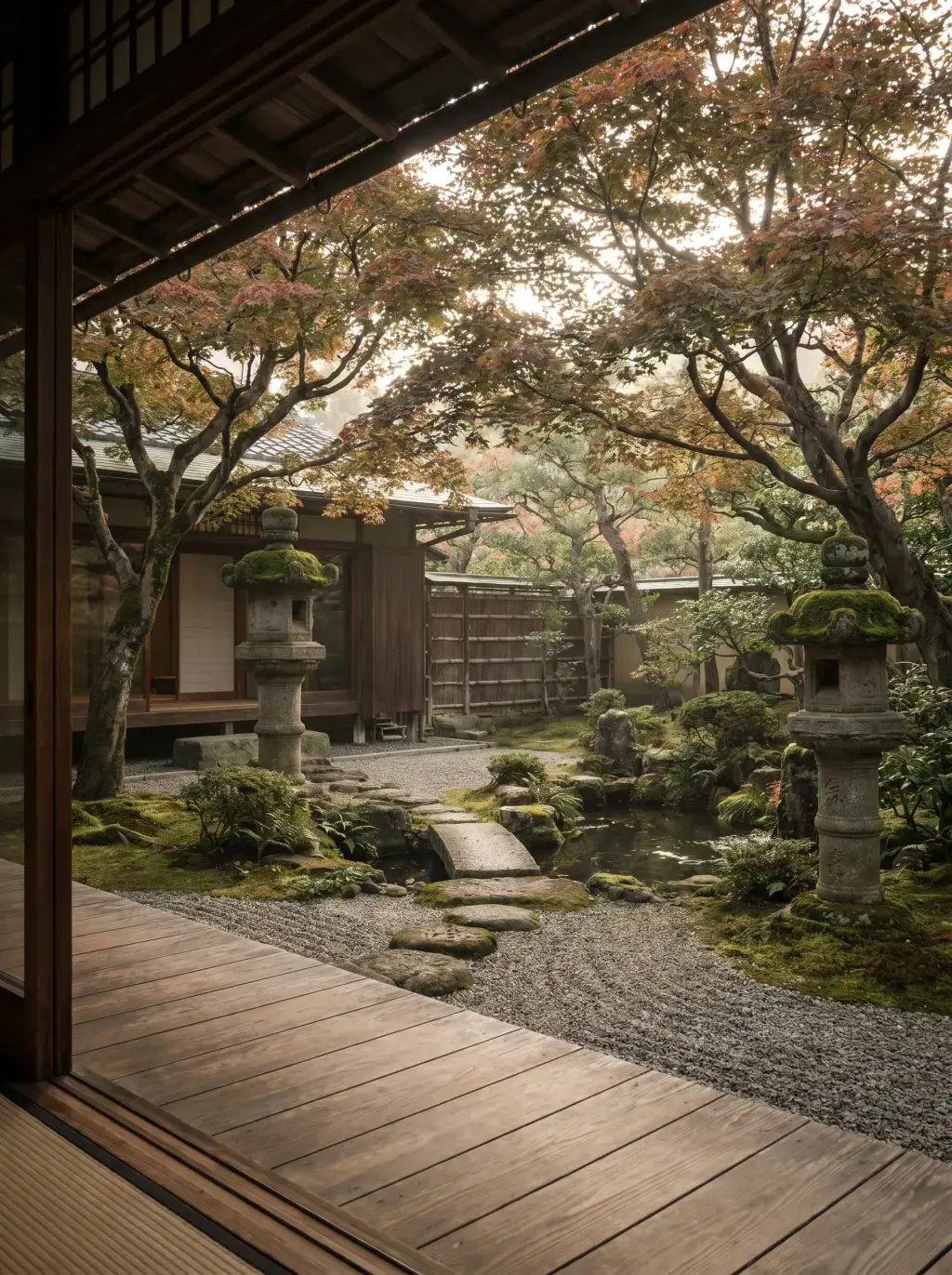 Vue depuis intérieur sur jardin zen japonais automnal avec lanternes en pierre, érable rouge et gravier ratissé