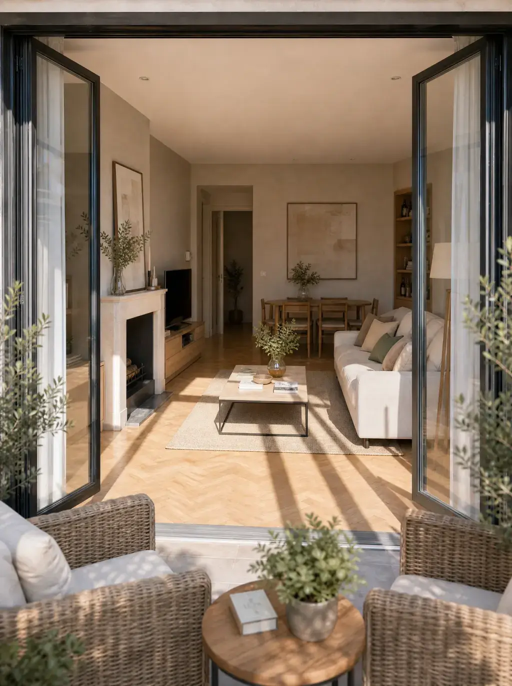Vue depuis la terrasse fleurie d'une maison vers le salon ouvert avec oliviers et mobilier de jardin en rotin