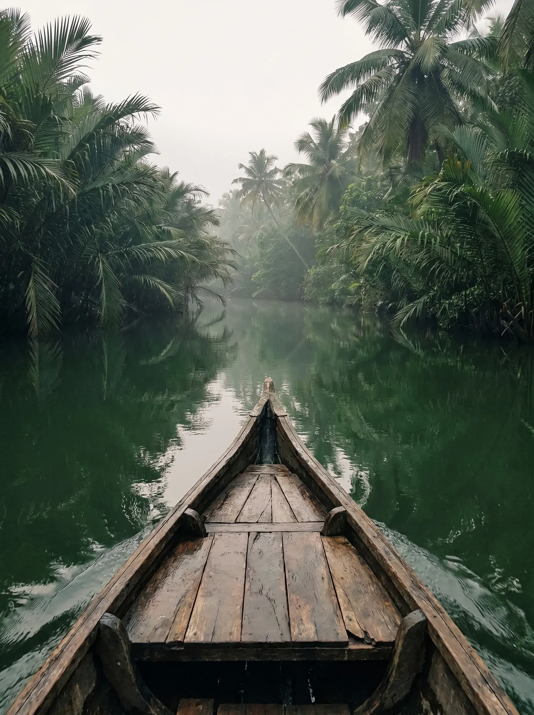 Vue depuis proue de barque en bois – canal tropical encaissé entre palmiers, eau verte calme