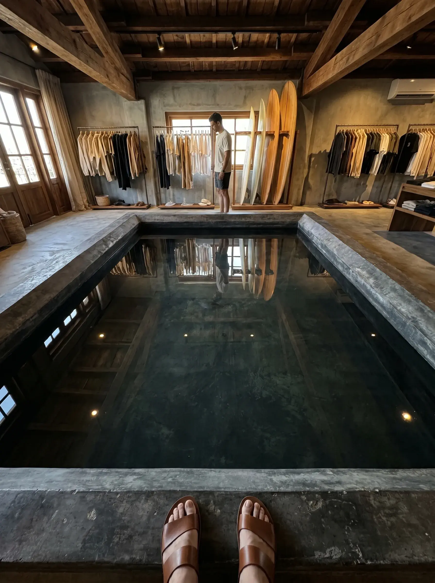 Vue en contre-plongée d'un bassin réfléchissant dans une boutique avec planches et vêtements