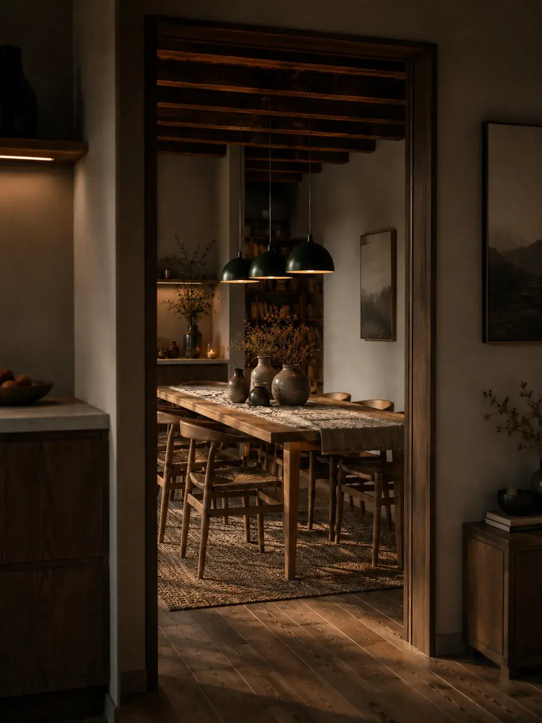 Vue en enfilade depuis couloir sur salle à manger chaleureuse à travers porte ouverte, ambiance dorée