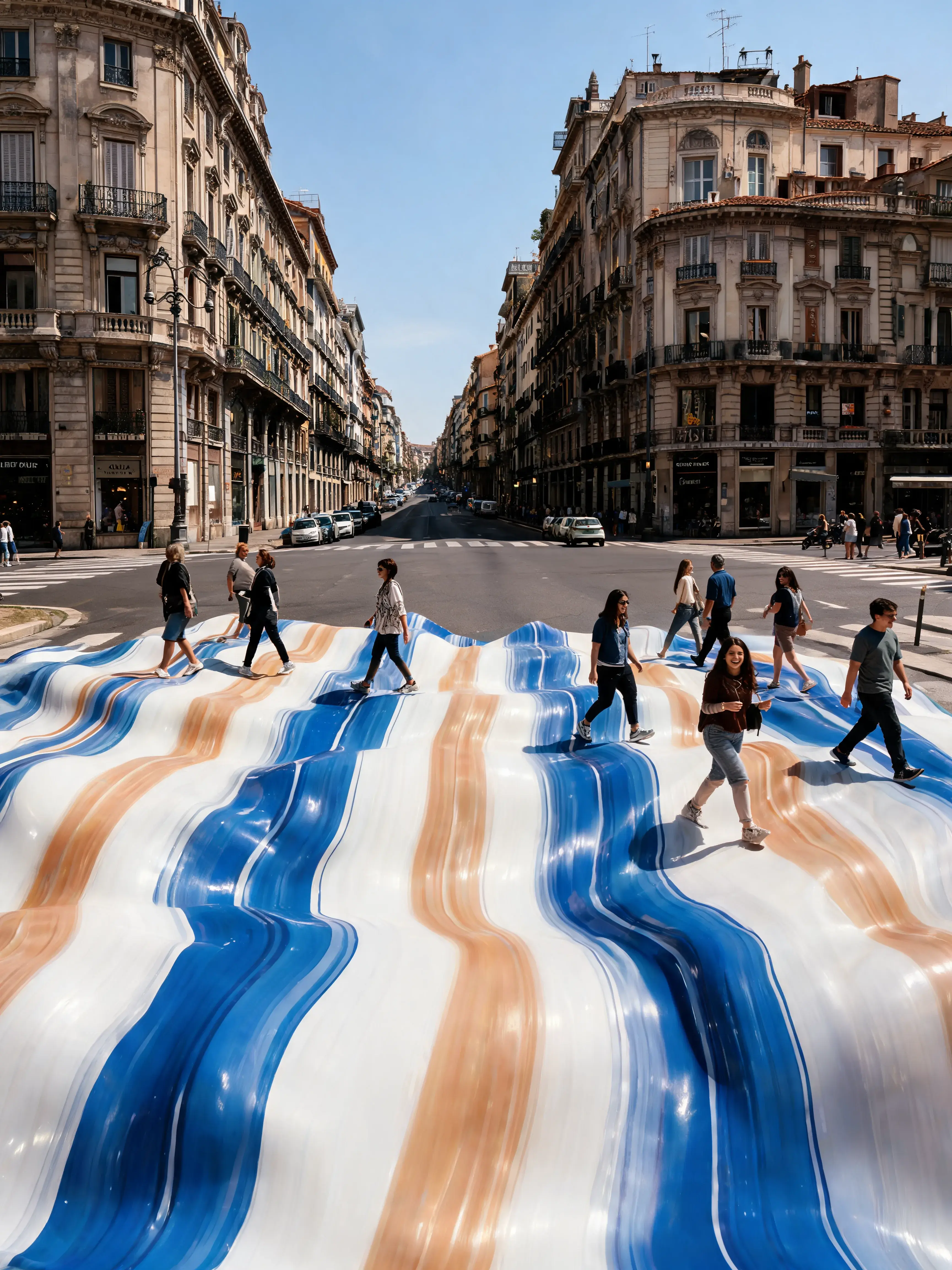 Vue en perspective d'une installation artistique bleue et blanche sur un passage piéton