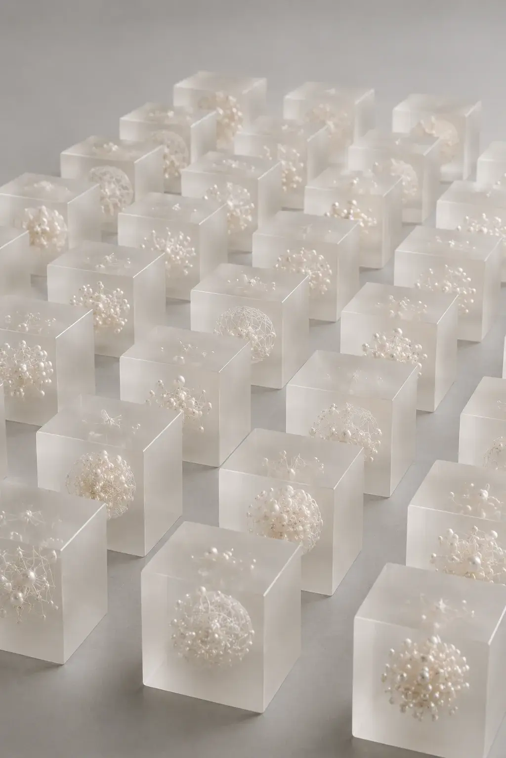 Vue en perspective d'une installation de cubes acryliques et perles, grille tridimensionnelle
