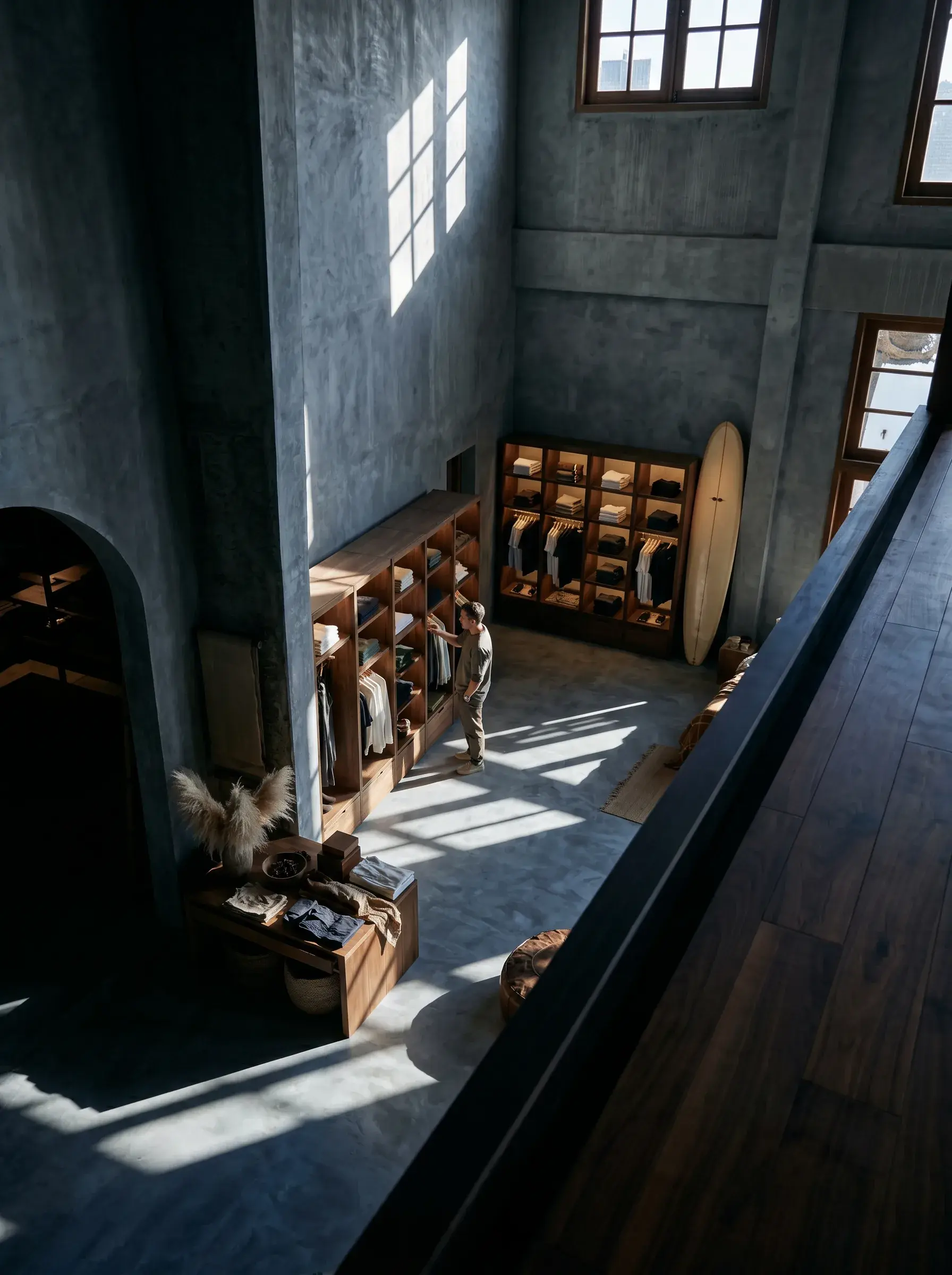 Vue en plongée de l'intérieur d'une boutique de surf aux volumes généreux