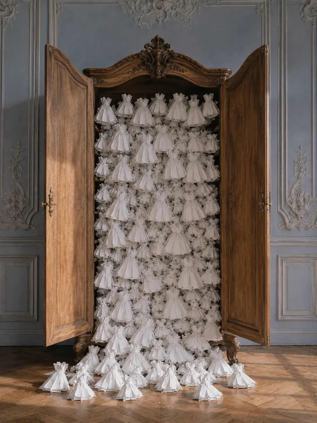 Vue frontale d'une armoire baroque remplie de petites robes blanches en cascade – installation artistique