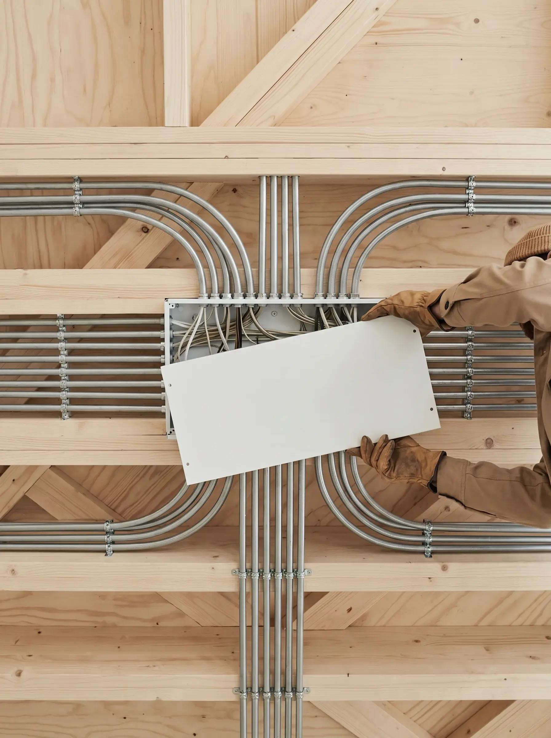 Vue plongeante d'un réseau de conduits métalliques rayonnant sous un capot posé au plafond bois