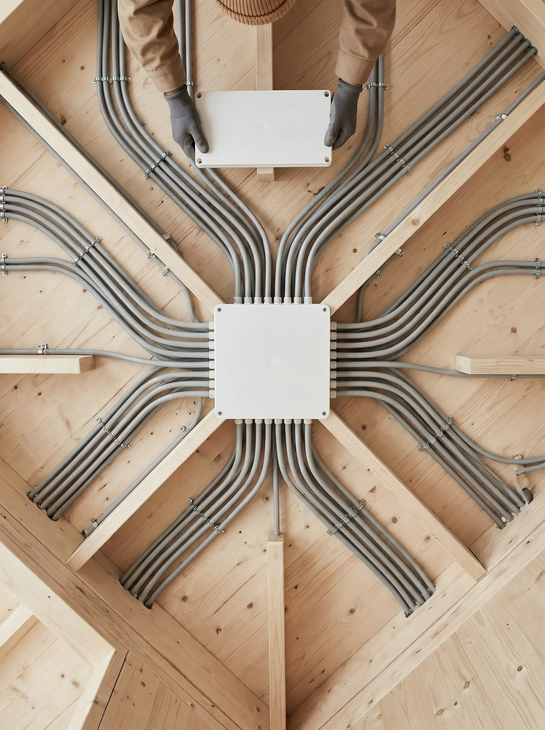 Vue plongeante d'un réseau de gaines électriques rayonnant depuis un boîtier de dérivation au plafond