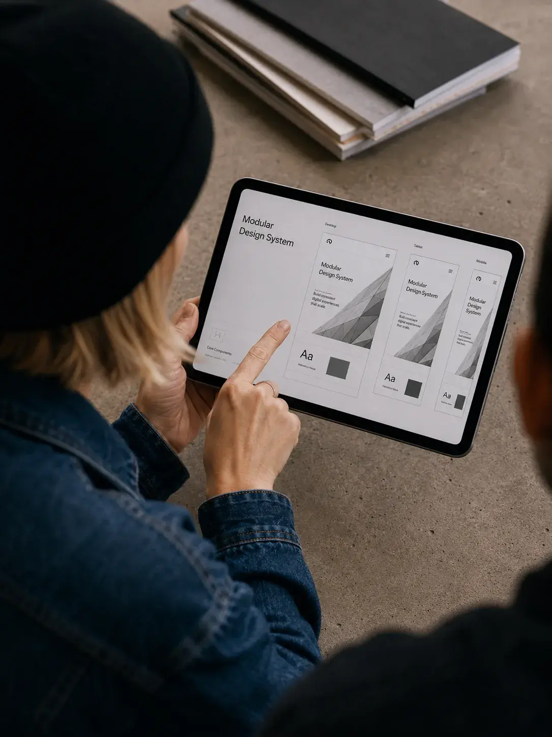 Vue plongeante de deux personnes consultant tablette iPad affichant « Modular Design System » sur table béton
