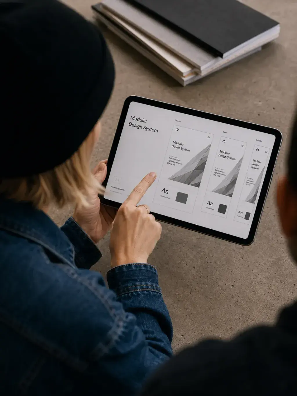 Vue plongeante de deux personnes consultant tablette iPad affichant « Modular Design System » sur table béton