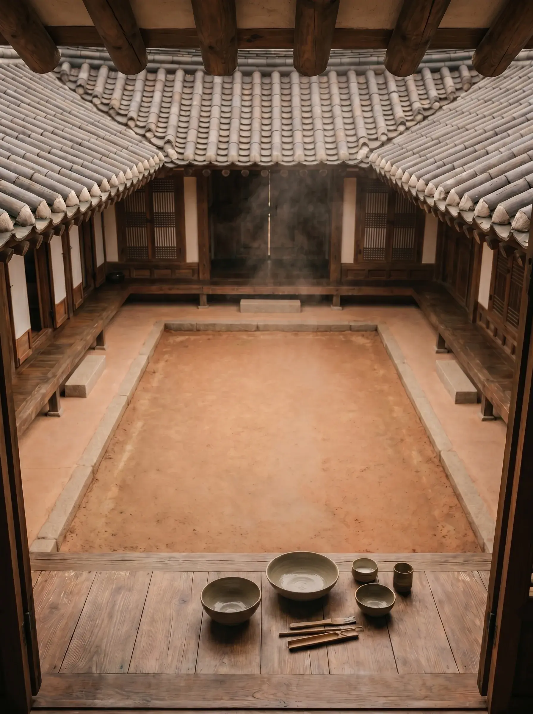 Vue plongeante depuis porche d'un hanok sur cour de terre battue avec bols et baguettes posés sur plancher bois