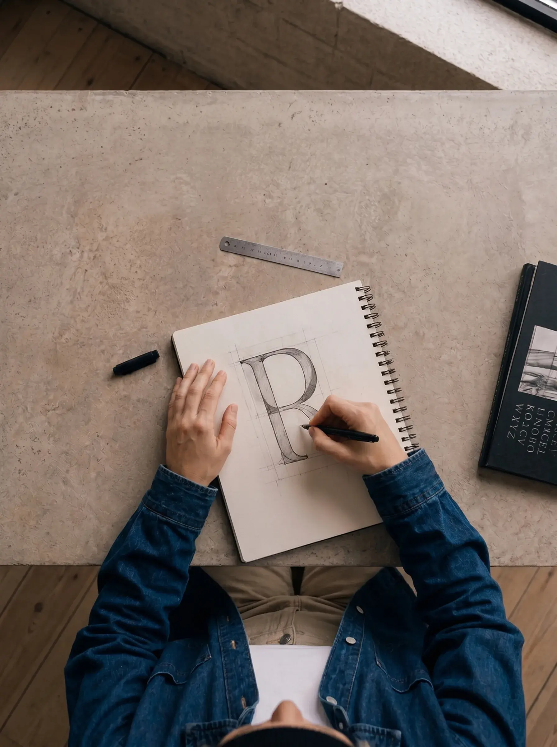 Vue plongeante – dessin lettre R, carnet, règle, table béton
