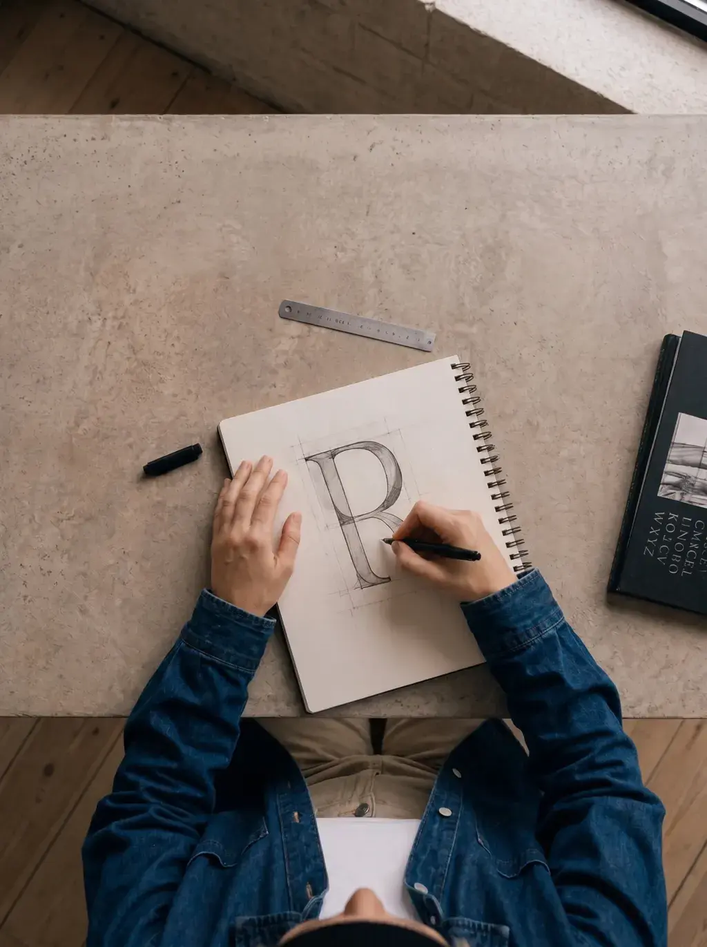 Vue plongeante – dessin lettre R, carnet, règle, table béton
