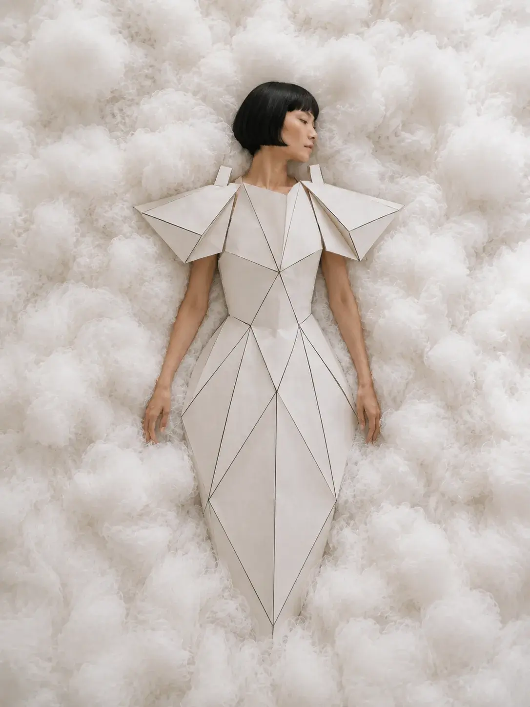 Vue plongeante – femme en robe géométrique blanche allongée dans des nuages de coton
