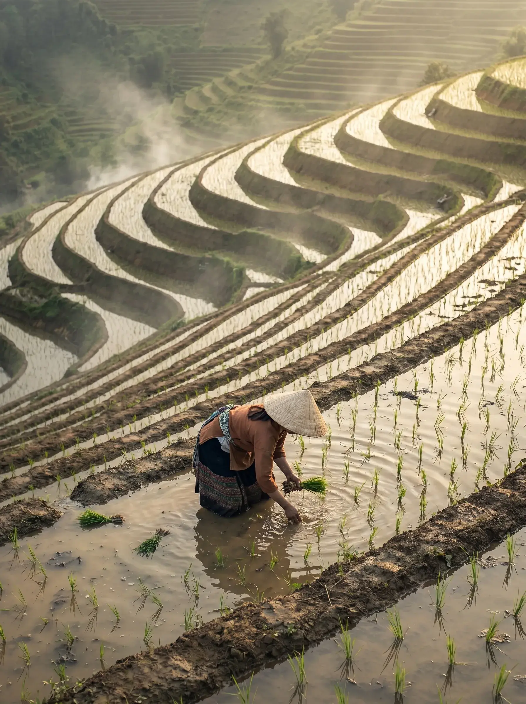 Vue plongeante sur agricultrice en chapeau conique replantant des pousses de riz dans rizières en terrasses brumeuses du matin