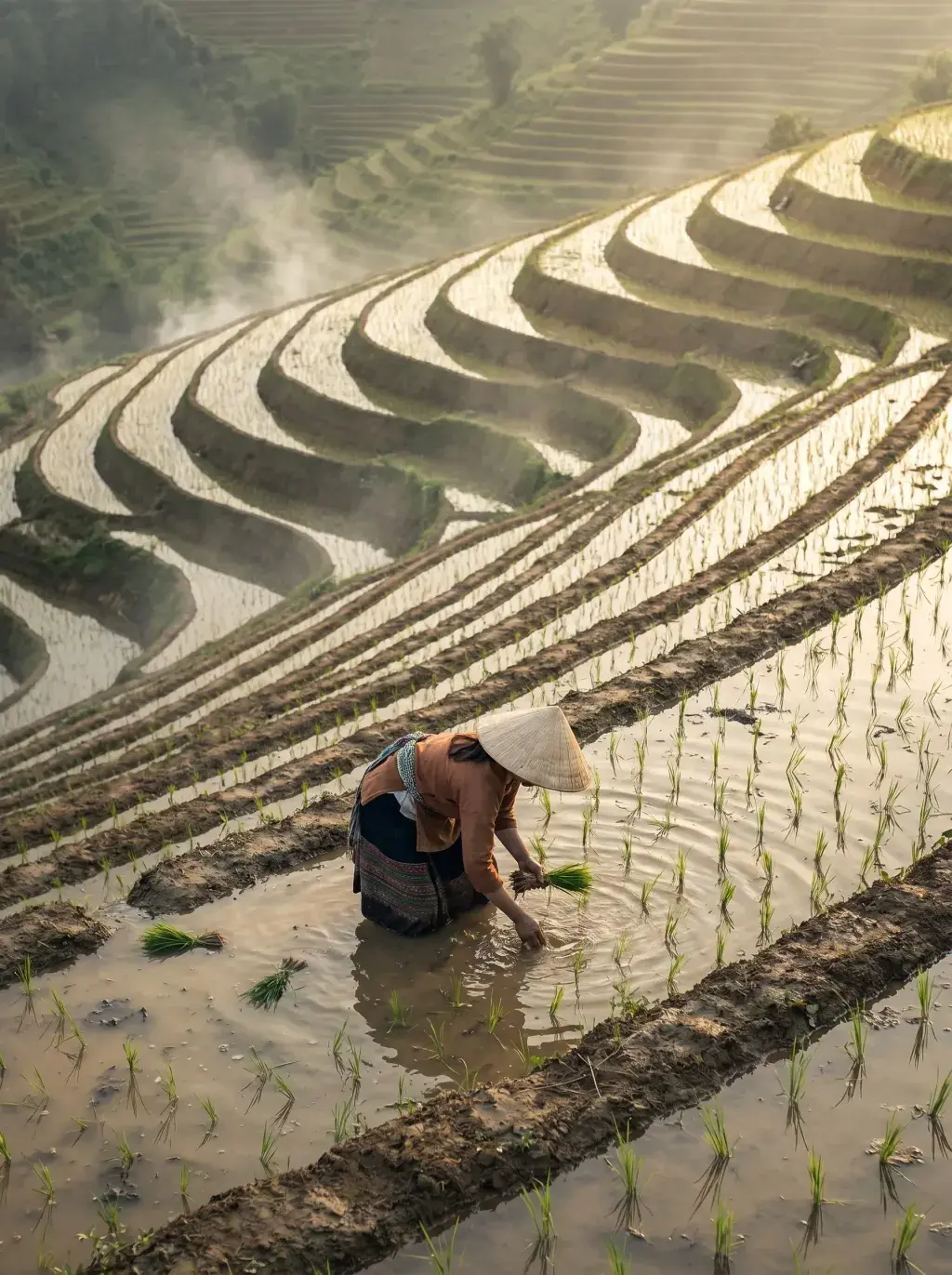 Vue plongeante sur agricultrice en chapeau conique replantant des pousses de riz dans rizières en terrasses brumeuses du matin