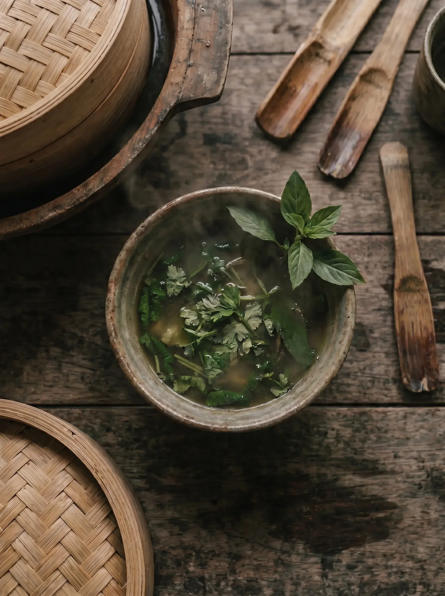 Vue plongeante sur bol de soupe aux herbes fraîches dans poterie argile sur table bois rustique, vapeur légère, paniers vapeur bambou