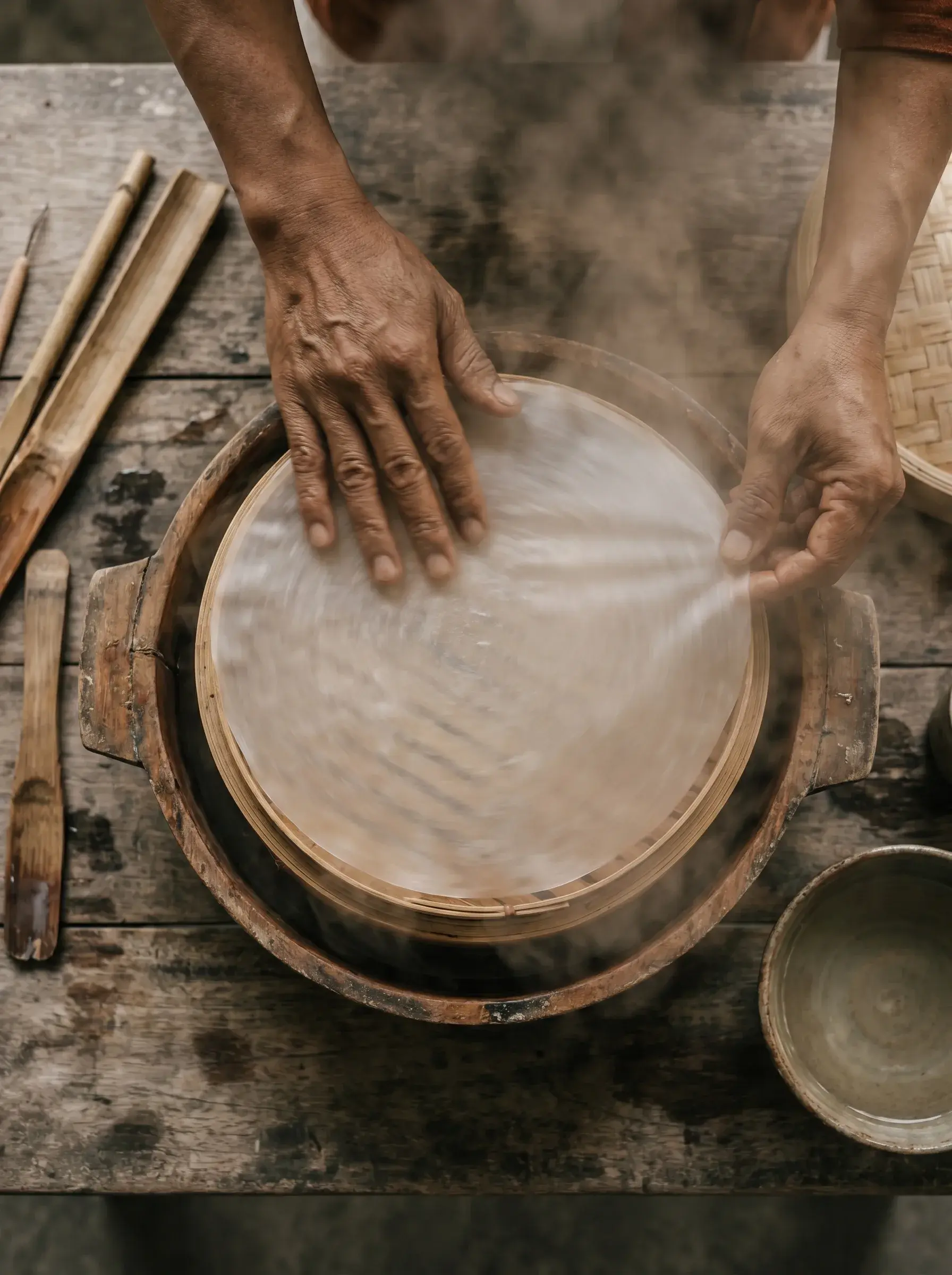 Vue plongeante sur deux mains masculines étalant une galette de riz translucide sur tamis en bambou fumant, outils sur table rustique extérieure