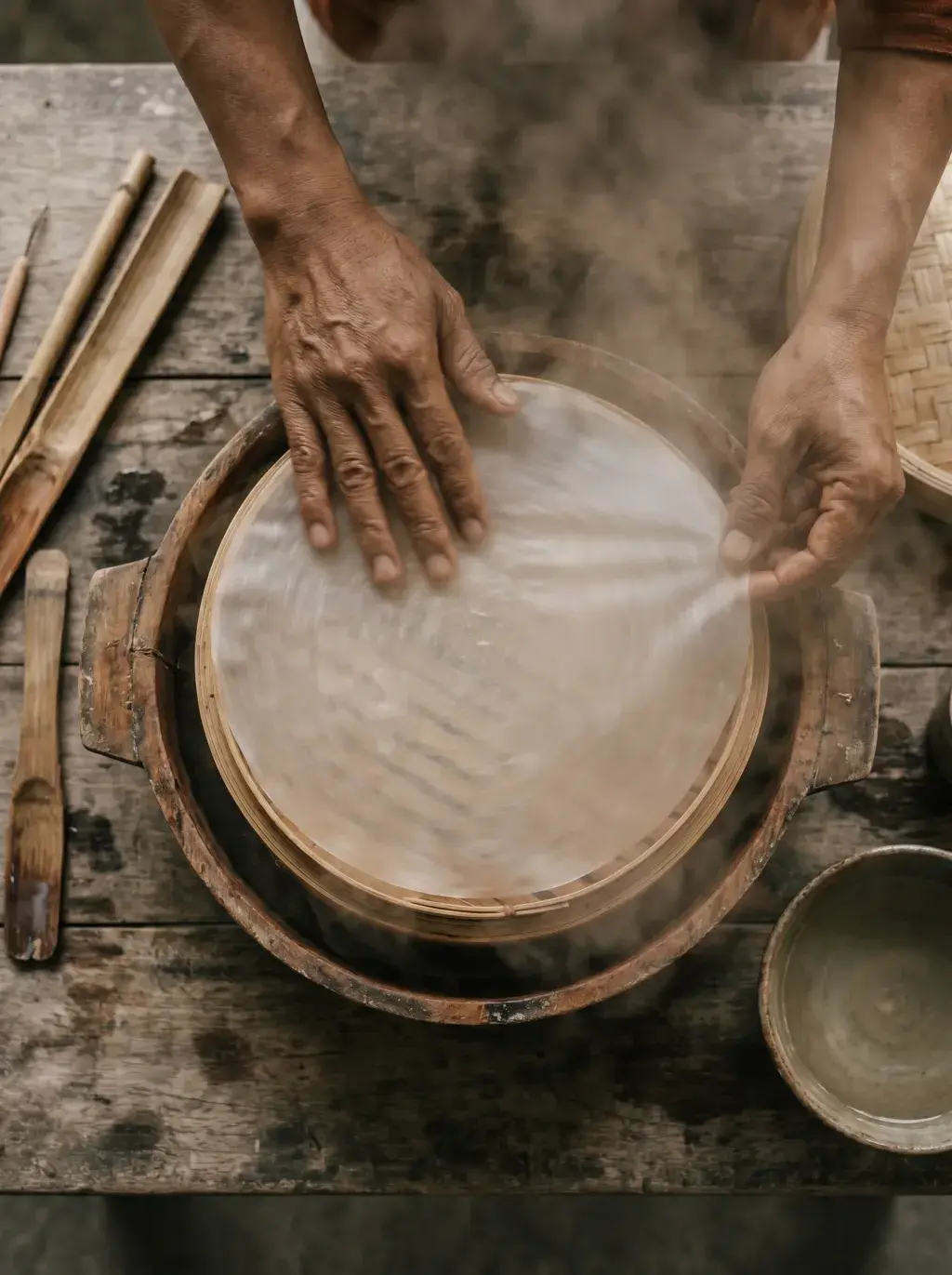 Vue plongeante sur deux mains masculines étalant une galette de riz translucide sur tamis en bambou fumant, outils sur table rustique extérieure