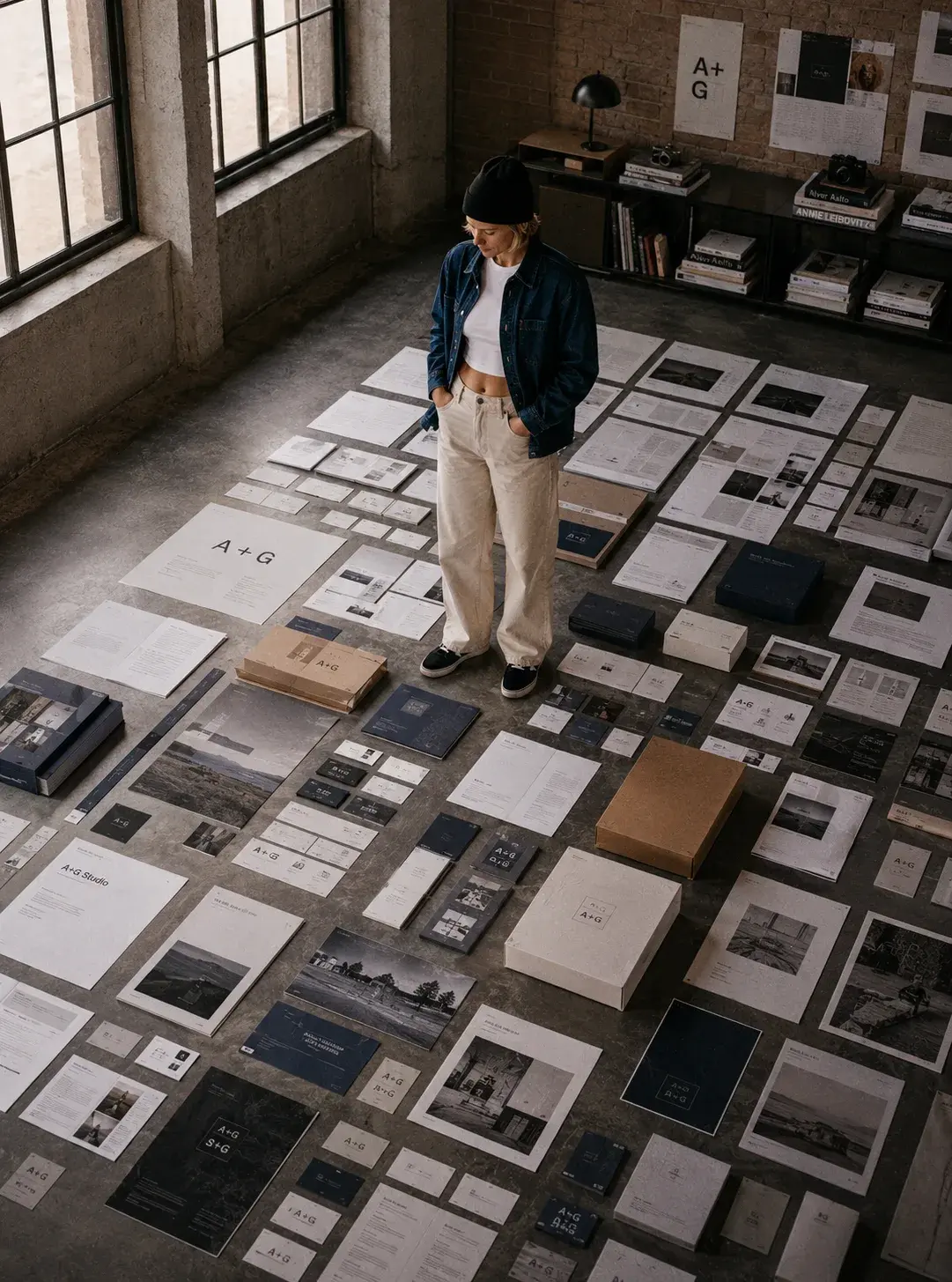 Vue plongeante sur graphiste debout au centre d'une mise en scène complète de documents d'identité visuelle A+G sur sol béton