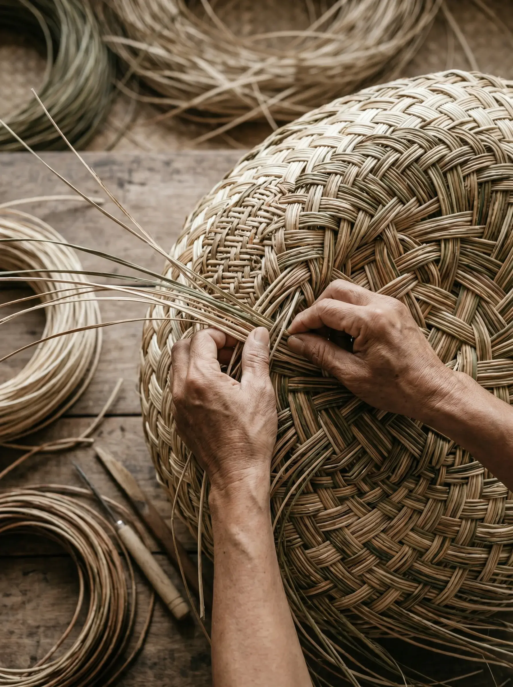 Vue plongeante sur mains d'artisan tressant un grand panier en rotin sur table bois, bobines de rotin éparpillées