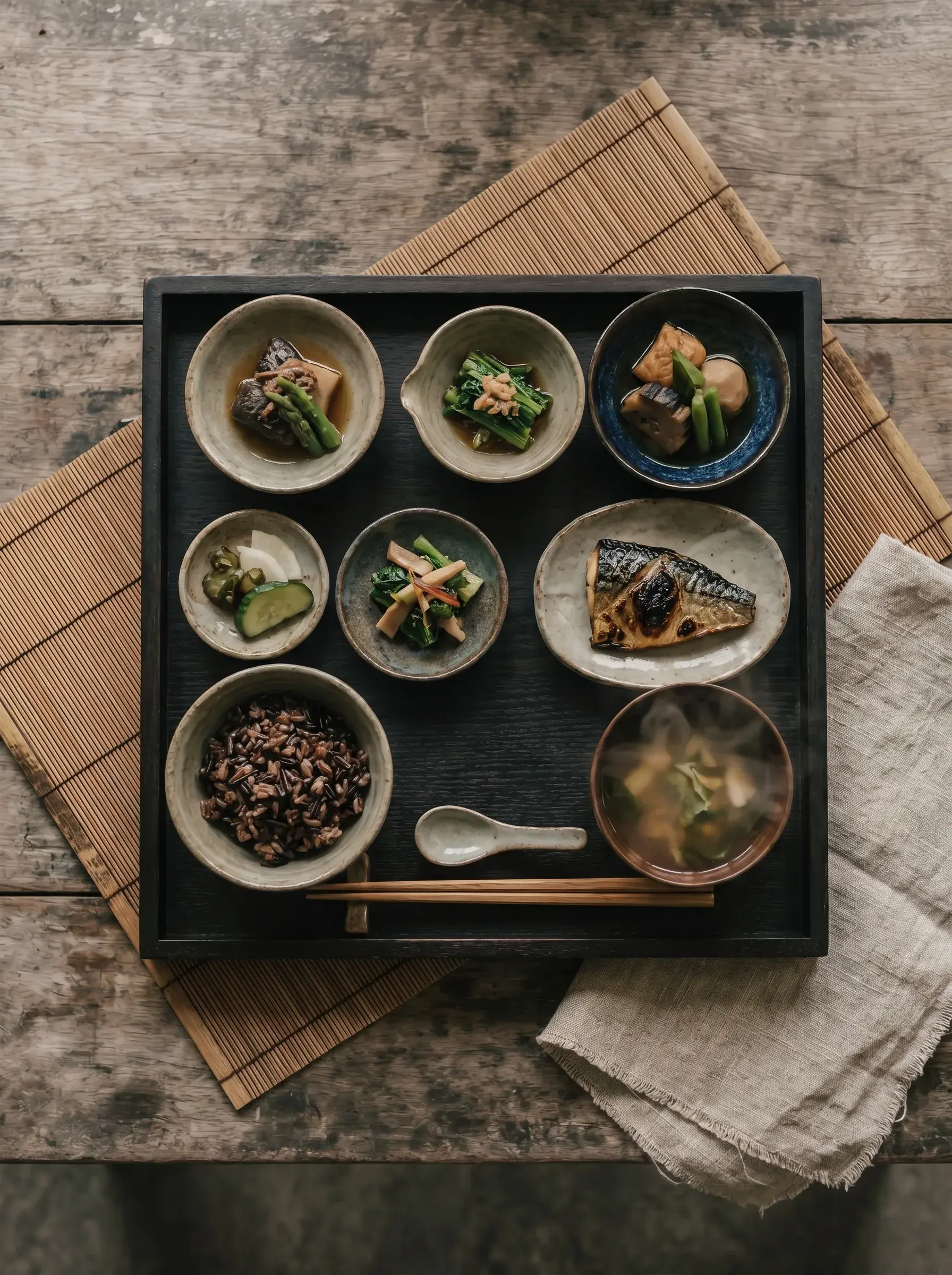 Vue plongeante sur plateau-repas zen japonais en bois sombre avec huit bols de petits plats assortis, natte bambou