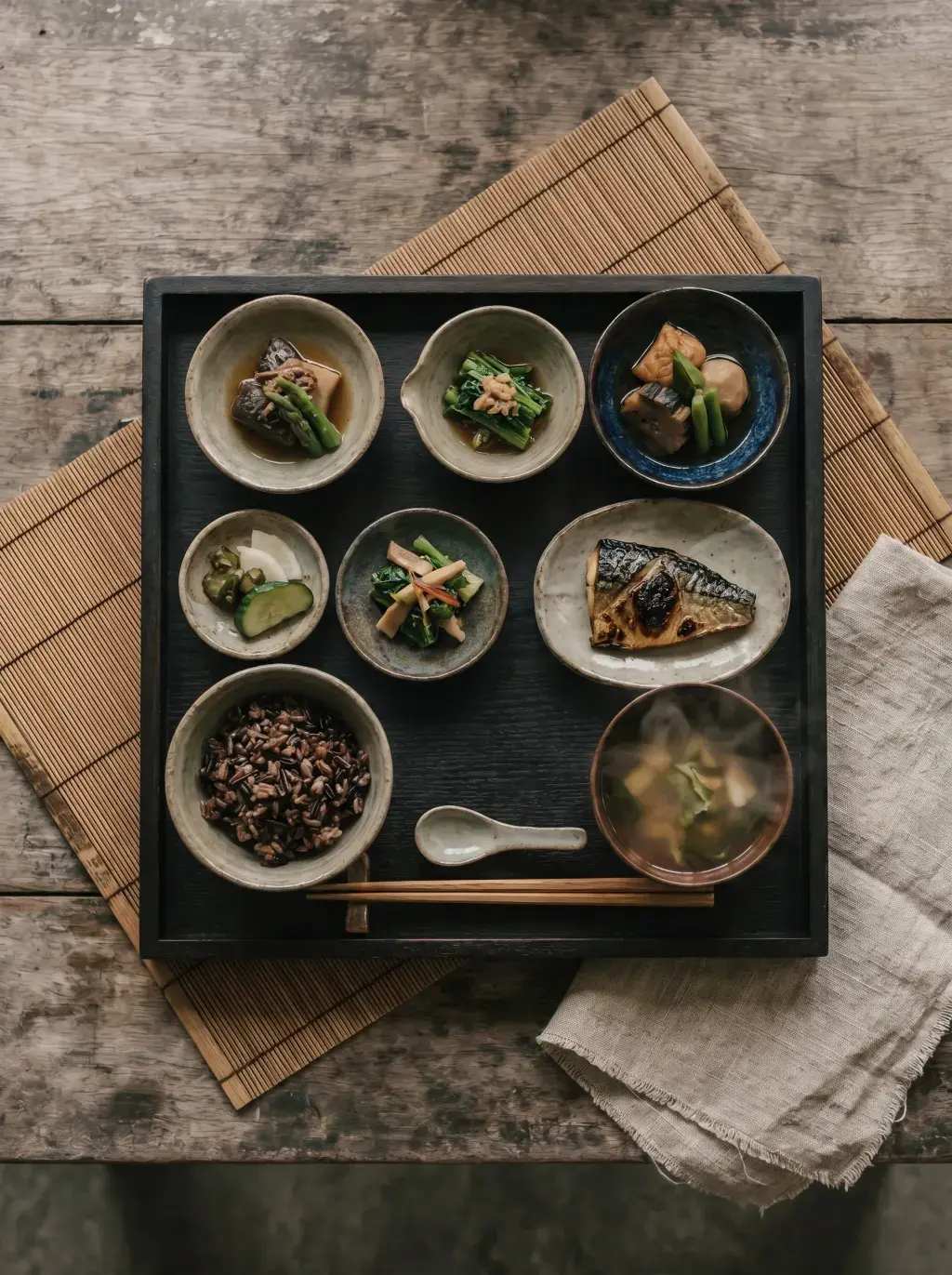 Vue plongeante sur plateau-repas zen japonais en bois sombre avec huit bols de petits plats assortis, natte bambou