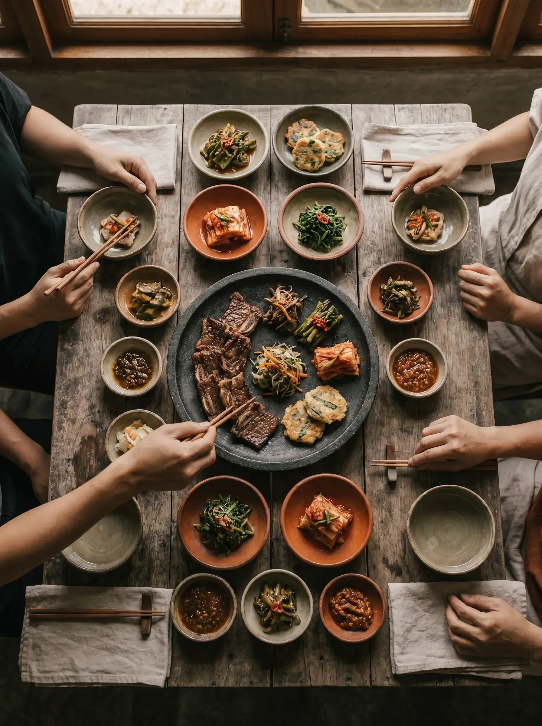 Vue plongeante sur repas coréen traditionnel avec banchan — table bois entourée de quatre paires de mains aux baguettes