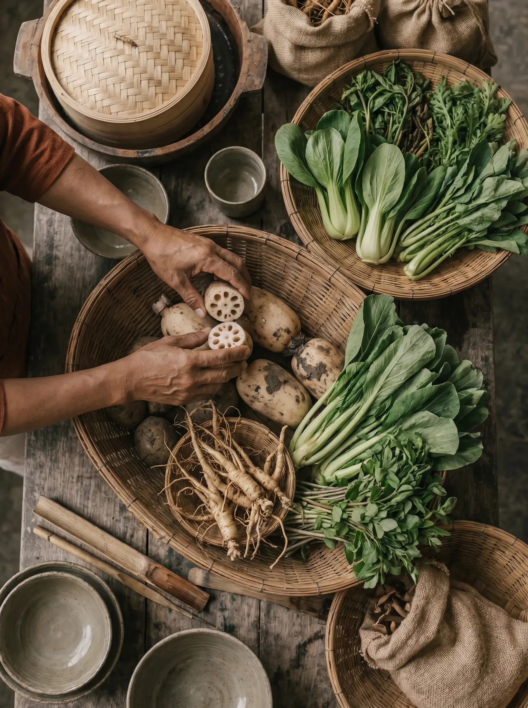Vue plongeante sur table rustique avec mains triant racines de lotus, légumes asiatiques frais, gingembre et panier vapeur en bambou