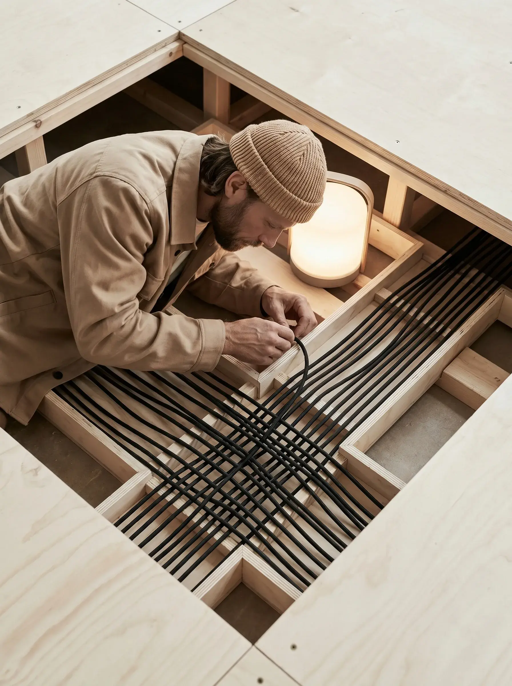 Vue plongeante sur un électricien tirant des câbles noirs dans un faux-plancher technique en bois