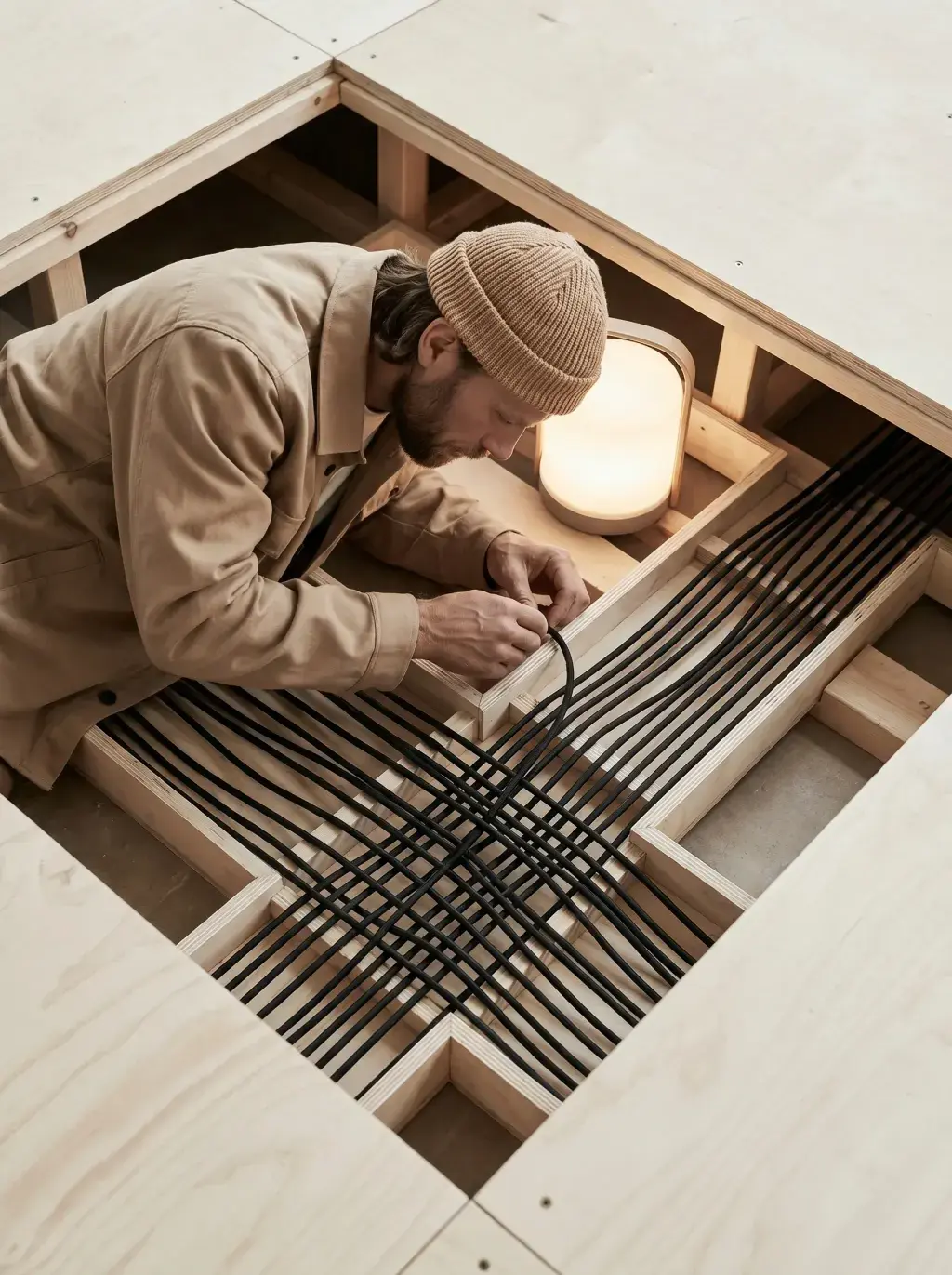 Vue plongeante sur un électricien tirant des câbles noirs dans un faux-plancher technique en bois