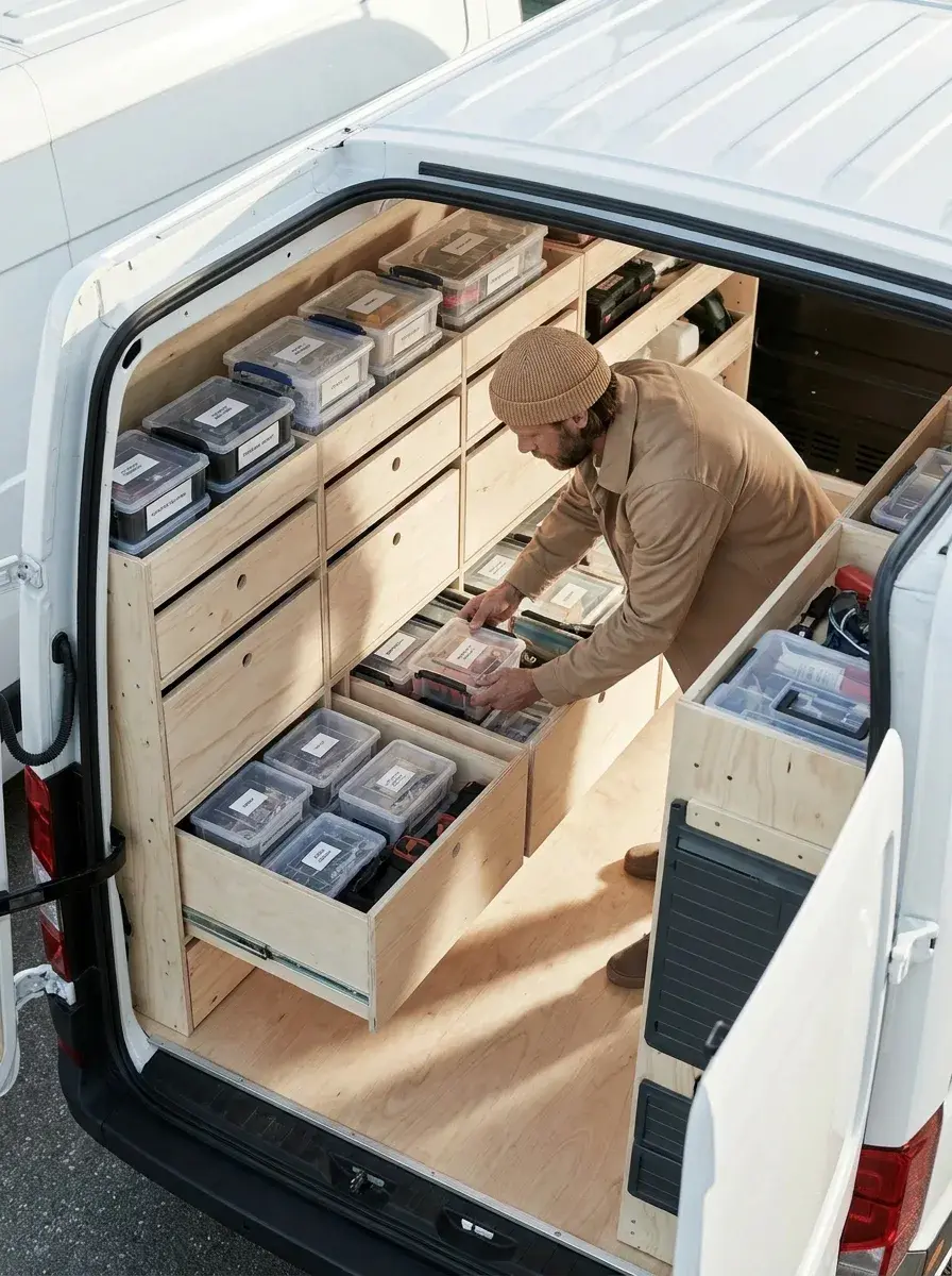 Vue plongeante sur un fourgon aménagé en atelier mobile avec tiroirs de rangement en bois