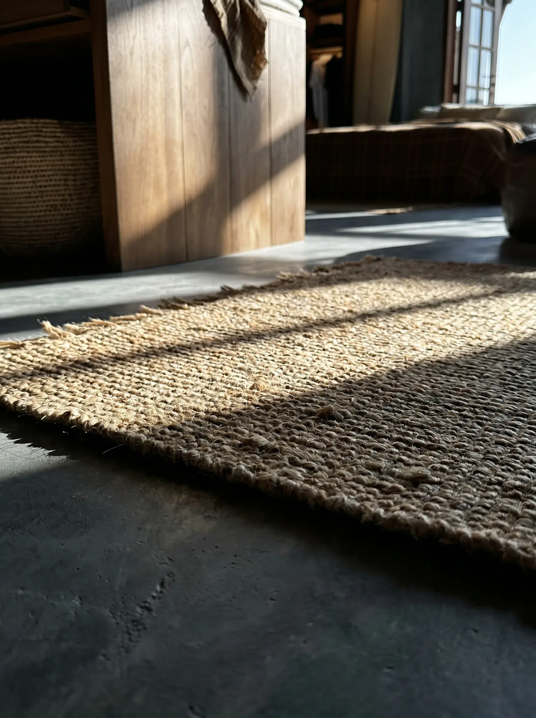 Vue rasante d'un tapis en jute avec ombres et lumière naturelle dans une boutique