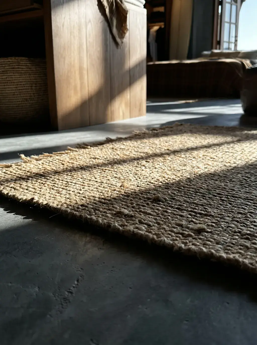 Vue rasante d'un tapis en jute avec ombres et lumière naturelle dans une boutique
