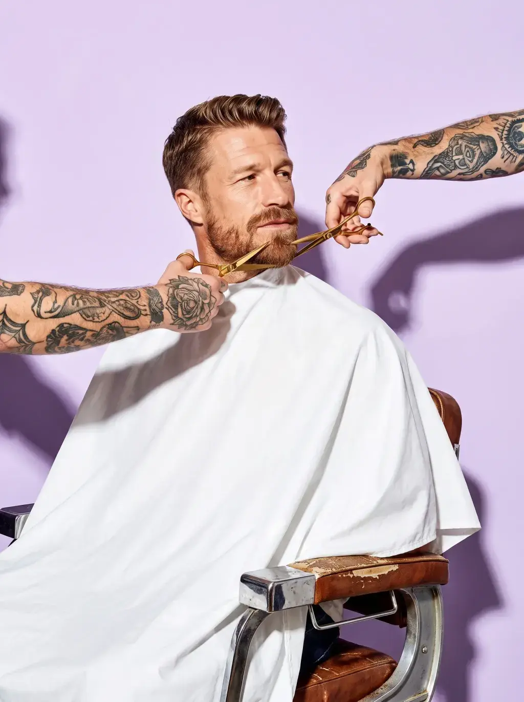 Barbier taillant la barbe d'un client aux ciseaux dorés, fond lilas