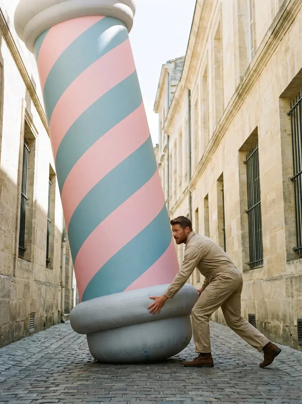 Homme en combinaison beige déplaçant une sculpture gonflable géante d'enseigne de barbier renversée dans une ruelle