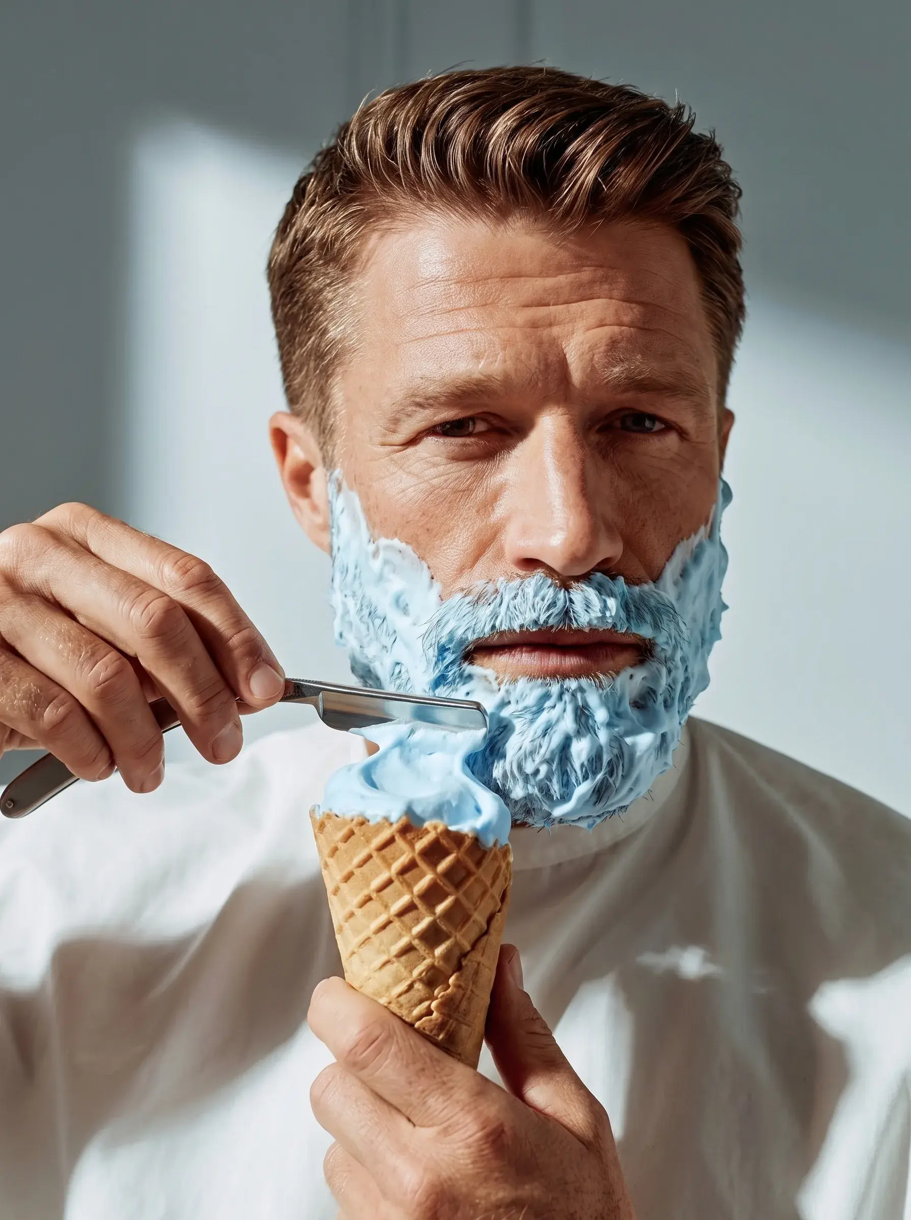 Portrait d'homme à la barbe recouverte de mousse à raser bleu pastel façon glace, cornet à la main