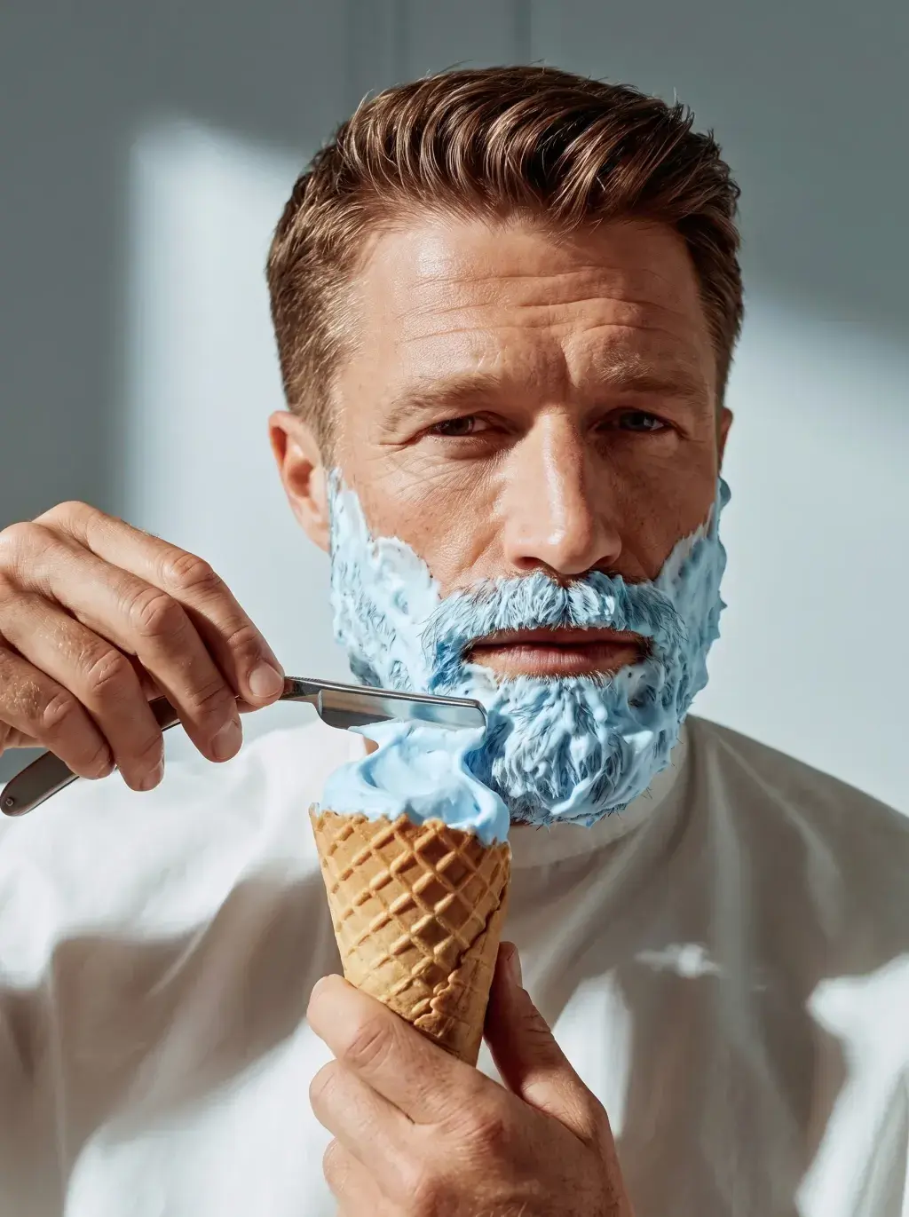 Portrait d'homme à la barbe recouverte de mousse à raser bleu pastel façon glace, cornet à la main