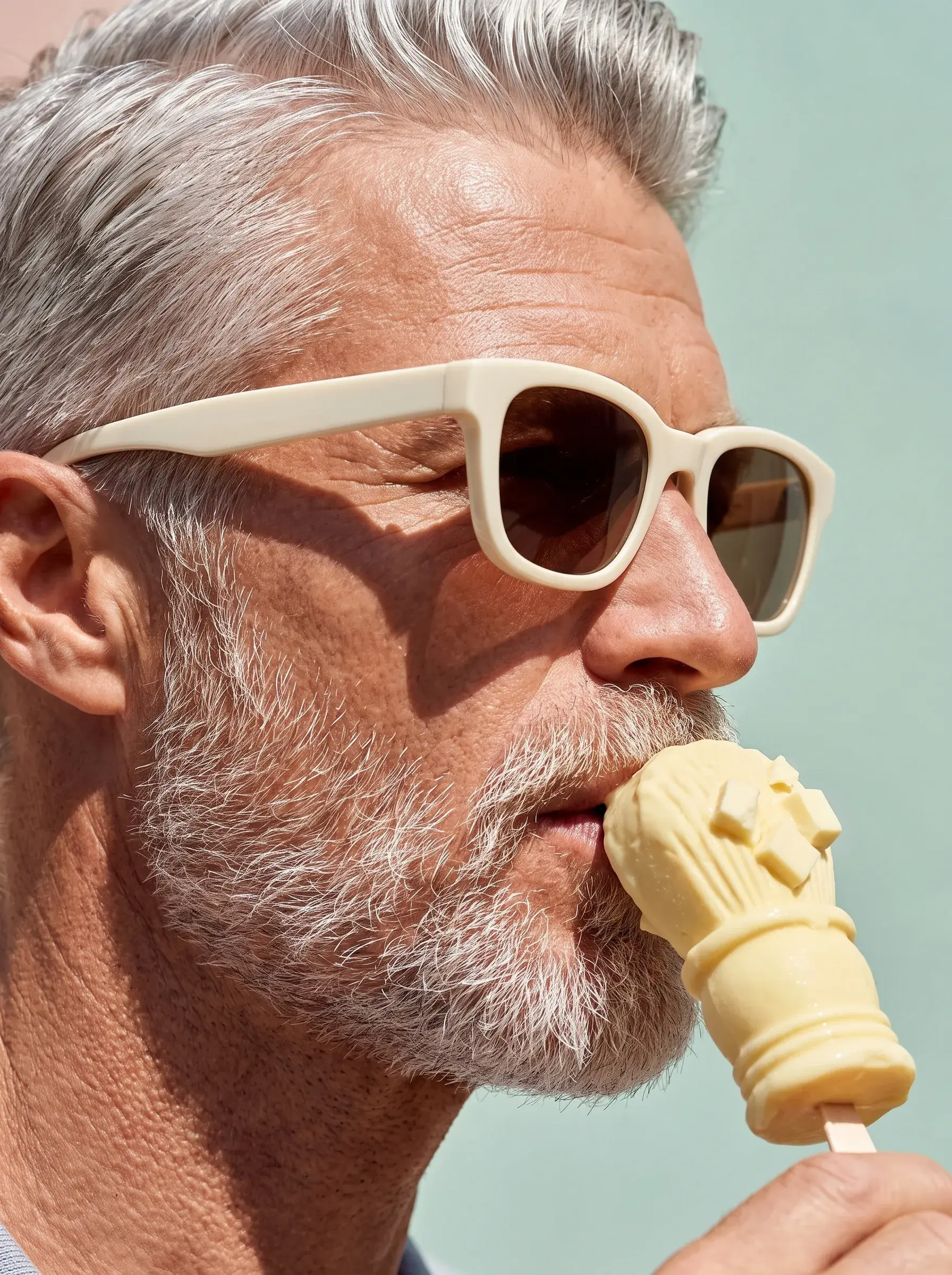 Portrait d'homme senior aux cheveux gris dégustant une glace en forme de blaireau de rasage