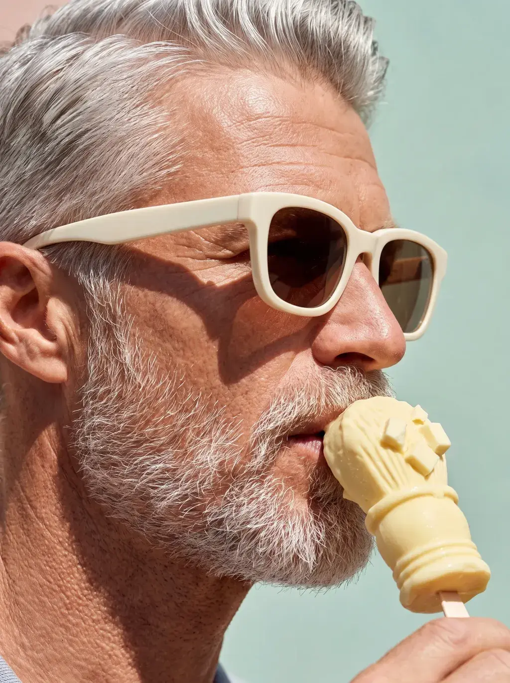 Portrait d'homme senior aux cheveux gris dégustant une glace en forme de blaireau de rasage