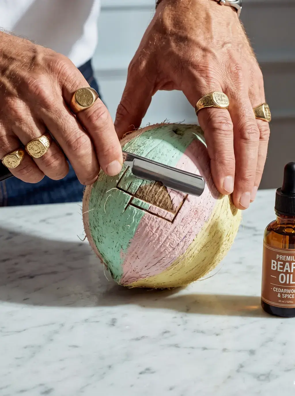 Mains ornées de bagues appliquant un rasoir sur une noix de coco peinte en pastel, flacon d'huile à barbe Cedarwood & Spice