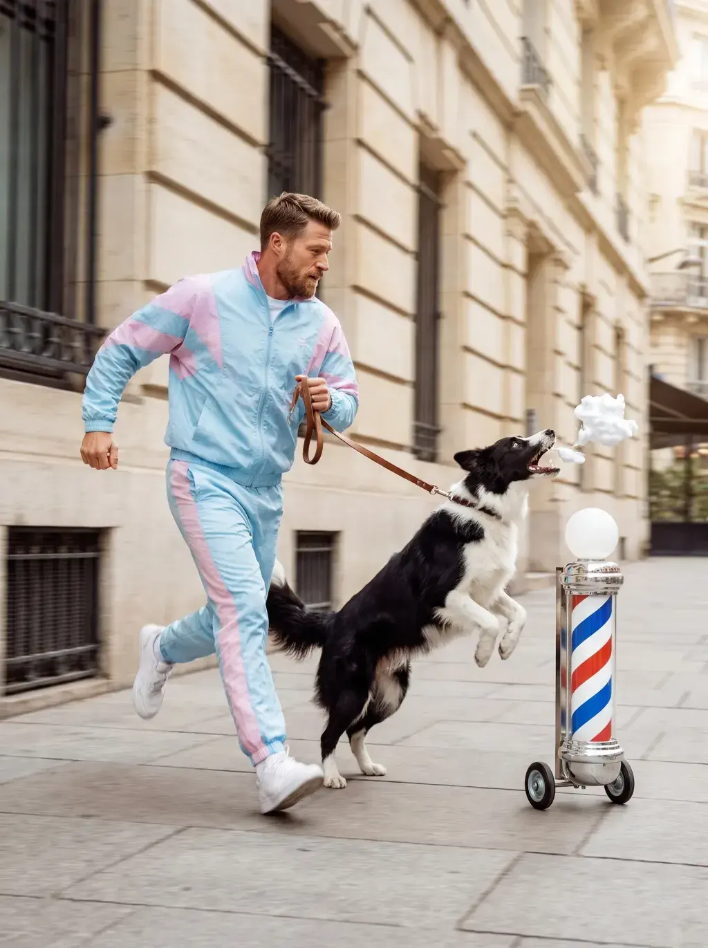 Homme en survêtement pastel courant avec son chien près d'une enseigne de barbier à roulettes