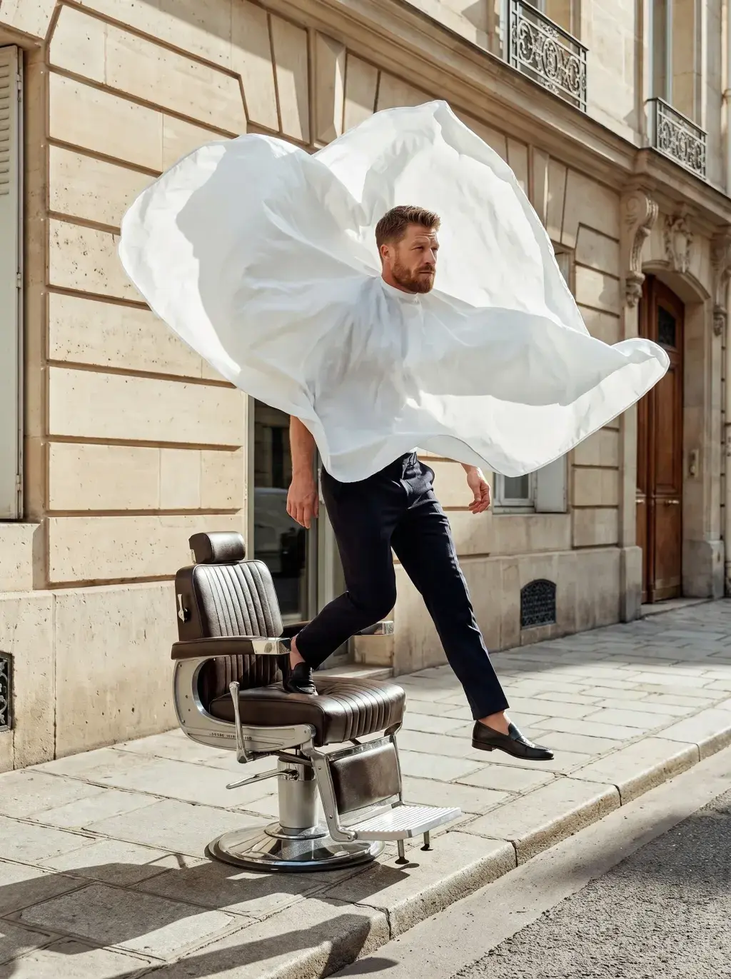 Homme en cape blanche envolée façon voile devant une façade haussmannienne, fauteuil de barbier vintage au sol