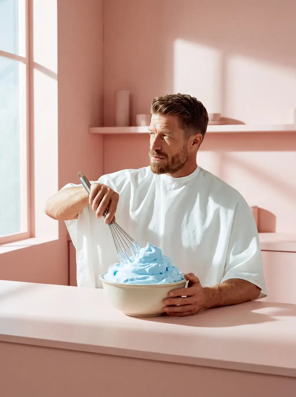 Homme fouettant un bol de mousse bleu pastel dans une cuisine rose, regard songeur