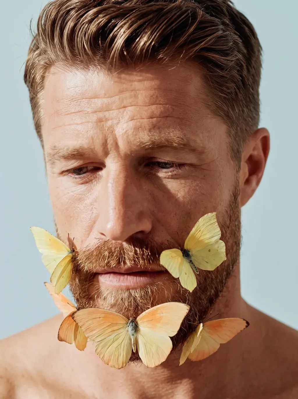 Portrait d'homme à la barbe couverte de papillons jaunes