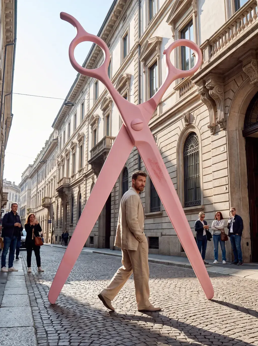 Homme en costume clair marchant sous une arche de ciseaux de coiffeur géants roses