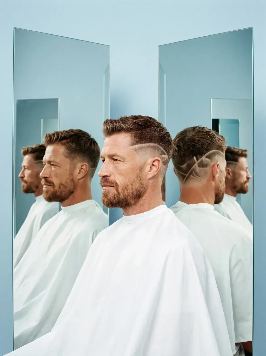 Homme de profil dans un jeu de miroirs, coupe dégradée avec motif rasé, cape de coiffure