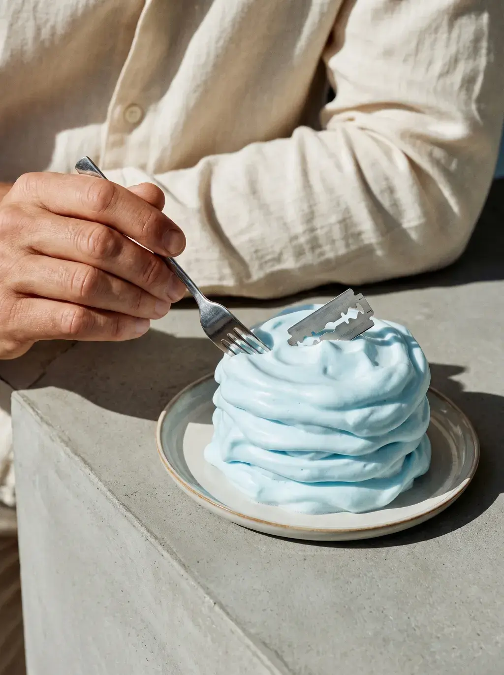 Fourchette piquant un gâteau meringué bleu pastel façon barbe, lame de rasoir posée dessus