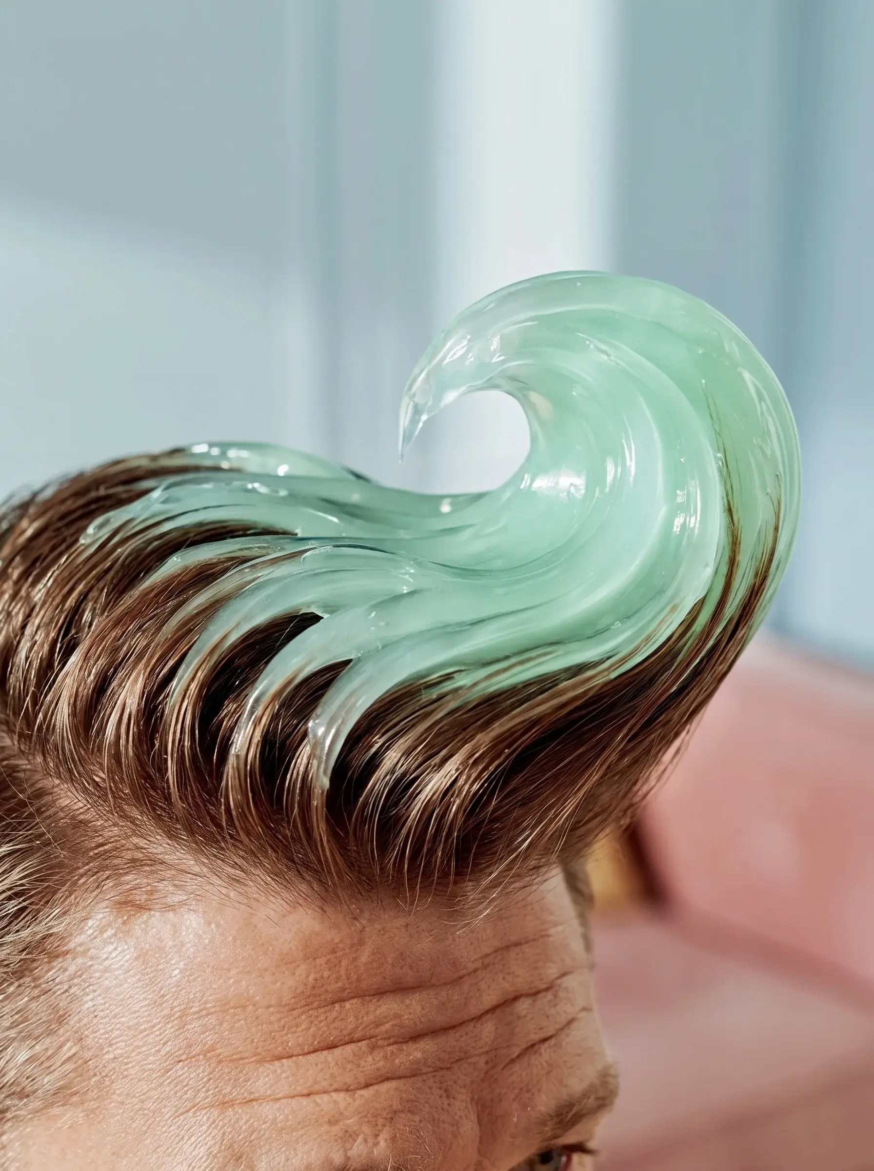 Gros plan d'une mèche de gel coiffant vert menthe sculptée en vague