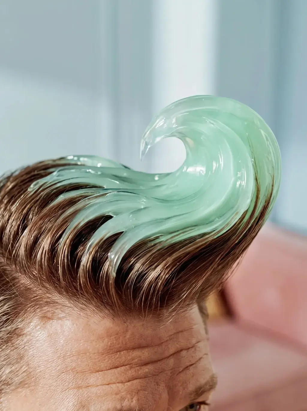Gros plan d'une mèche de gel coiffant vert menthe sculptée en vague