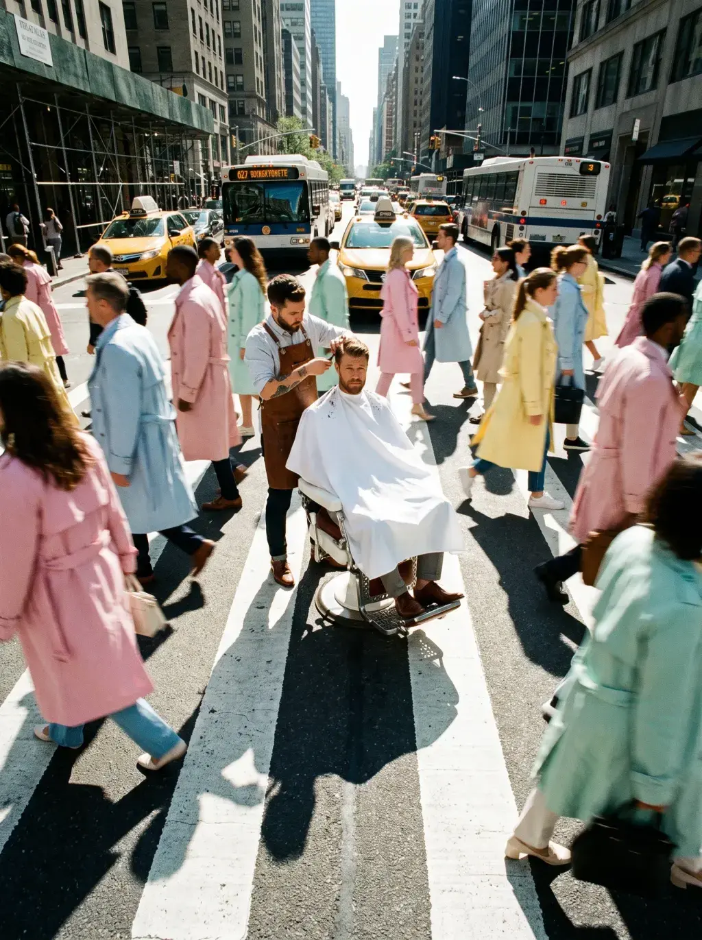 Barbier taillant la barbe d'un client au milieu d'un passage piéton new-yorkais animé
